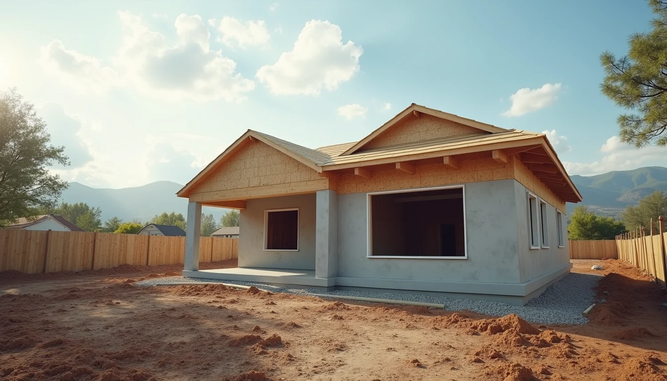 Wide angle view of a construction site with a partially built house